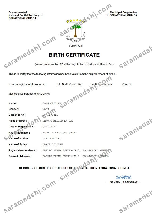 Equatorial Guinea birth certificate Word and PDF template